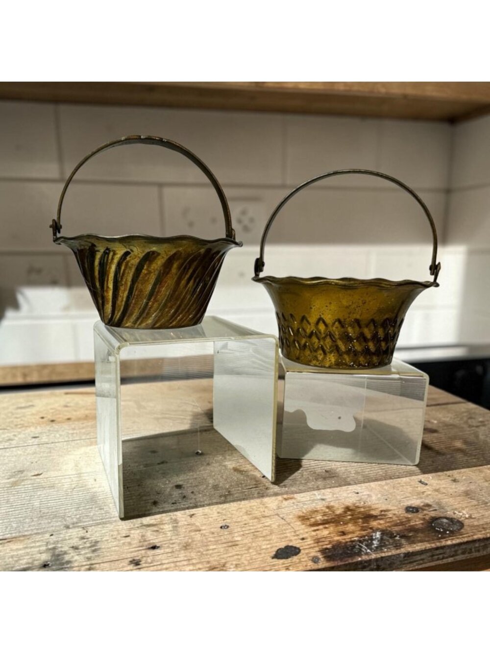 Solid Brass Decorative Basket Set With Handles - Made In India - Vintage Texture